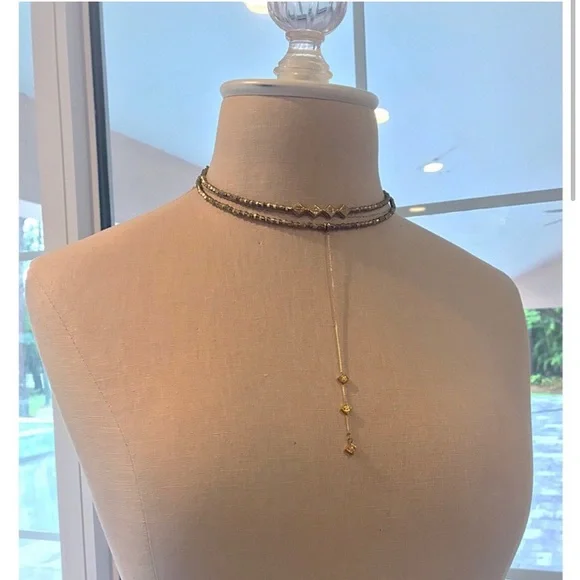 NEW Vanessa Mooney GOLD beaded double strand lariat elysee Choker Necklace - Picture 3 of 8